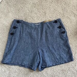 Boden High Waist Blue Linen Shorts with Button Accents